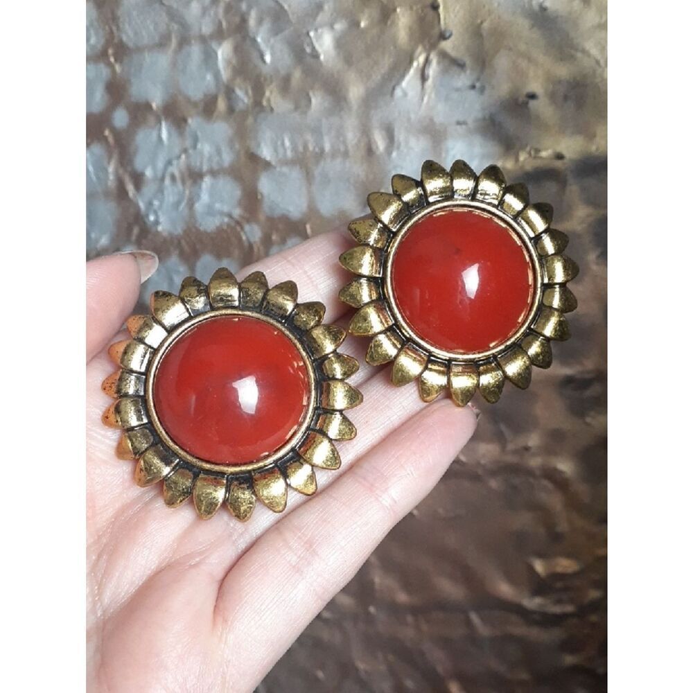 Zara Goldtone And Red Sunburst Statement Earrings
